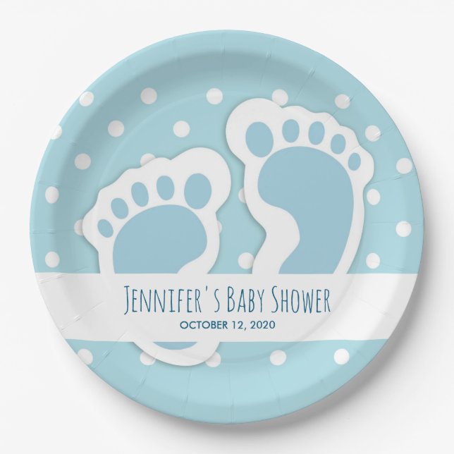 Cute Blue Baby Boy's Feet Illustration Paper Plate (Front)