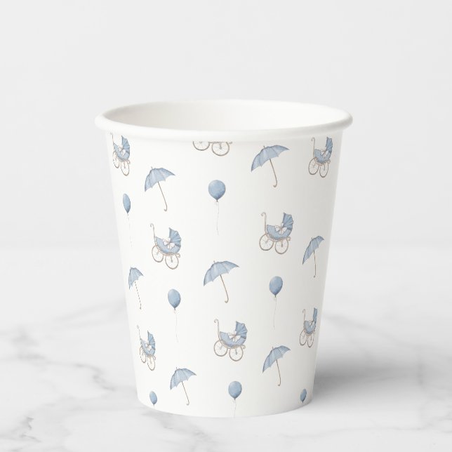 Cute Blue Baby Buggy Baby Shower Paper Cups (Front)