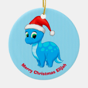 Cute Blue Baby Dinosaur with Santa Hat Ceramic Tree Decoration