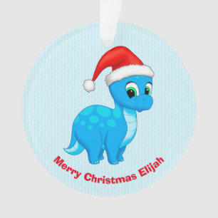 Cute Blue Baby Dinosaur with Santa Hat Ornament