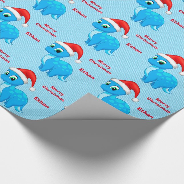 Cute Blue Baby Dinosour with Santa Hat Wrapping Paper (Corner)