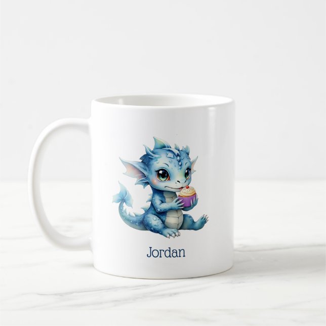 Cute Blue Baby Dragon Eating a Cupcake Coffee Mug (Left)