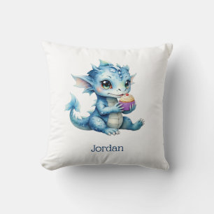 Cute Blue Baby Dragon Eating a Cupcake Cushion