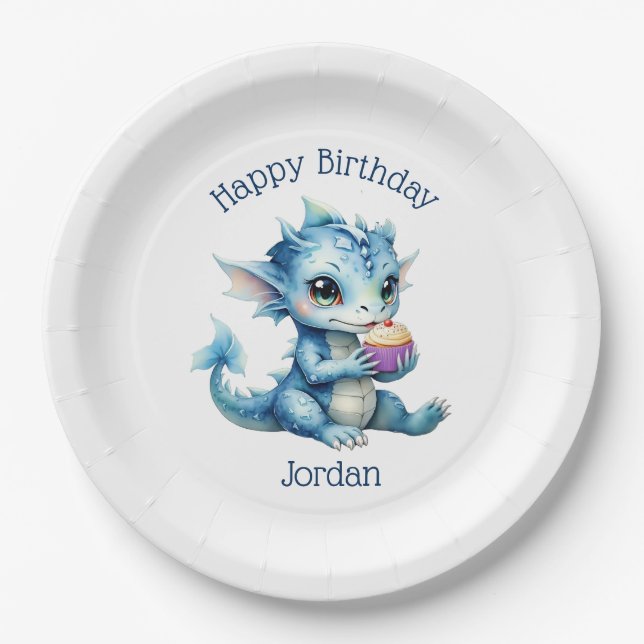 Cute Blue Baby Dragon Eating a Cupcake Paper Plate (Front)