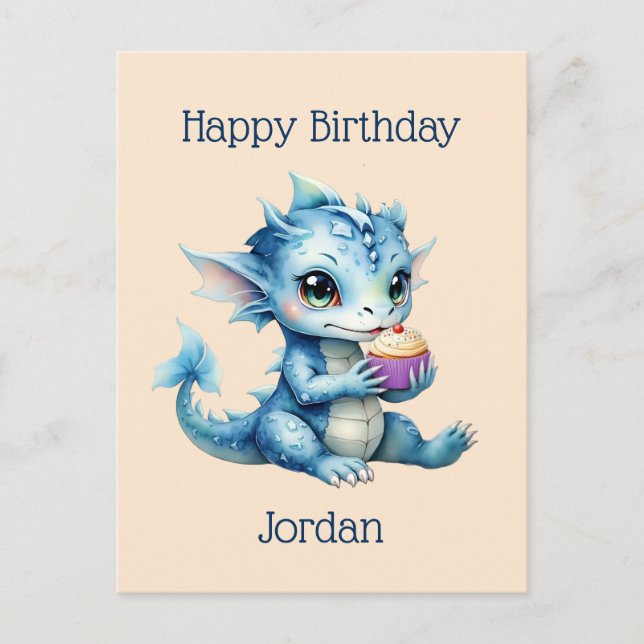 Cute Blue Baby Dragon Eating a Cupcake Postcard (Front)