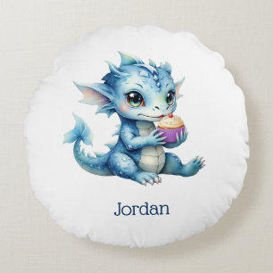 Cute Blue Baby Dragon Eating a Cupcake Round Cushion
