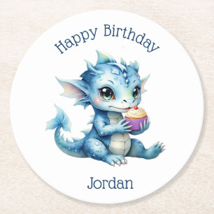 Cute Blue Baby Dragon Eating a Cupcake Round Paper Coaster