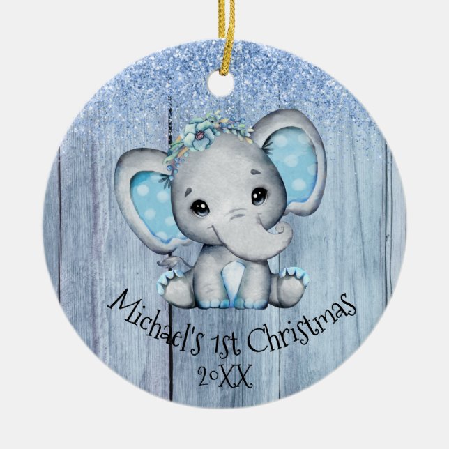 Cute Blue Baby Elephant 1st Christmas Ceramic Tree Decoration (Front)