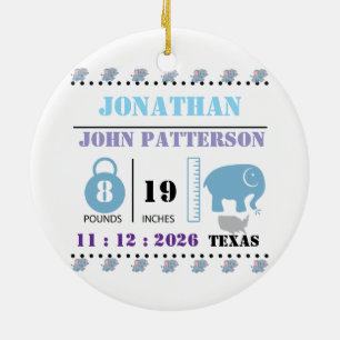 Cute Blue Baby Elephant Birth Announcement Ceramic Tree Decoration