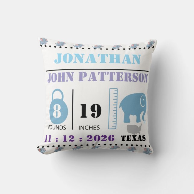Cute Blue Baby Elephant Birth Announcement Cushion (Front)