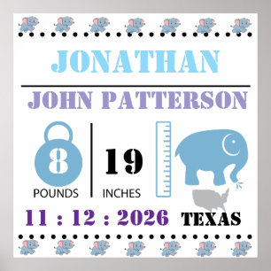 Cute Blue Baby Elephant Birth Announcement Poster