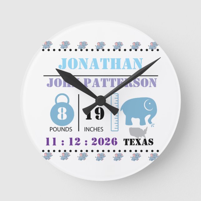 Cute Blue Baby Elephant Birth Announcement Round Clock (Front)