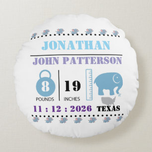 Cute Blue Baby Elephant Birth Announcement Round Cushion