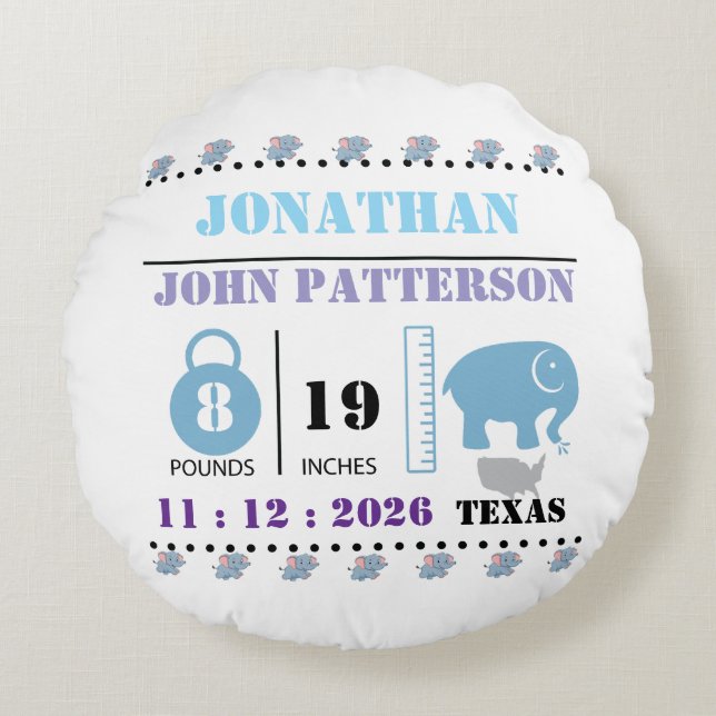 Cute Blue Baby Elephant Birth Announcement Round Cushion (Front)
