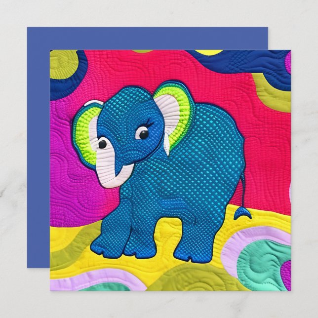 Cute Blue Baby Elephant - Quilt Like Design Card (Front/Back)