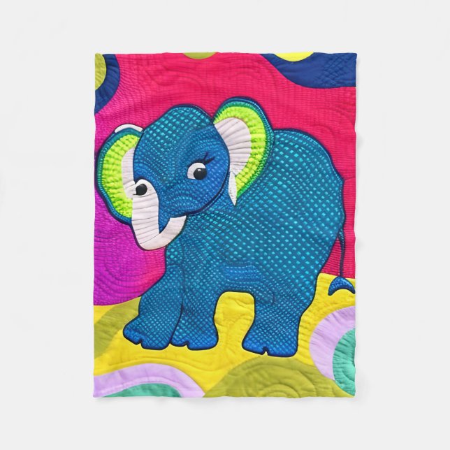 Cute Blue Baby Elephant - Quilt Like Design Fleece Blanket (Front)