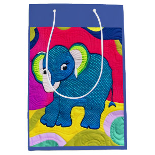 Cute Blue Baby Elephant - Quilt Like Design Medium Gift Bag