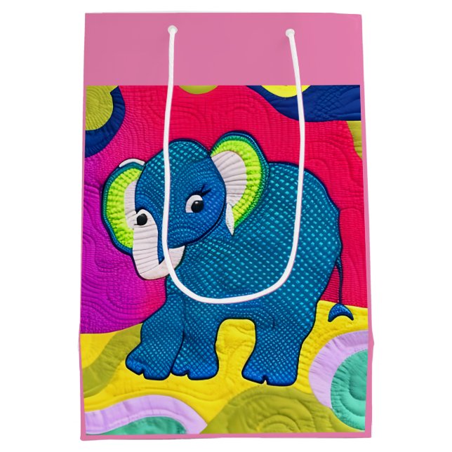 Cute Blue Baby Elephant - Quilt Like Design Medium Gift Bag (Back)