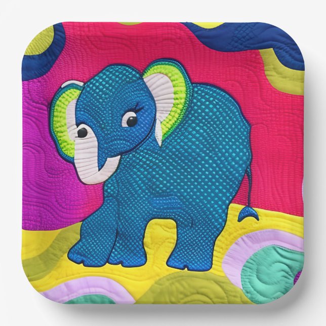 Cute Blue Baby Elephant - Quilt Like Design Paper Plate (Front)