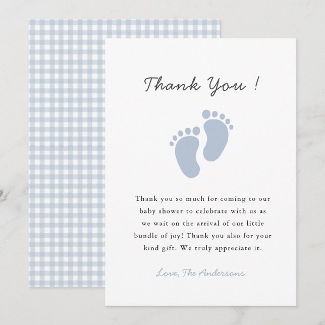 Cute Blue Baby footprint  Baby Boy shower Thank You Card (Front/Back)
