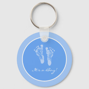 Cute Blue Baby Footprints Its a Boy Baby Shower Key Ring
