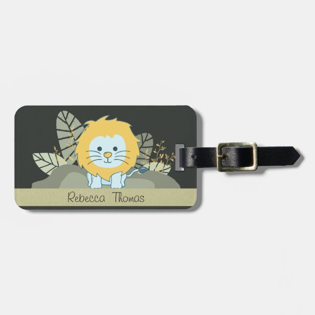 CUTE BLUE BABY JUNGLE LION LEAVES FOLIAGE GIFT KID LUGGAGE TAG (Front Horizontal)