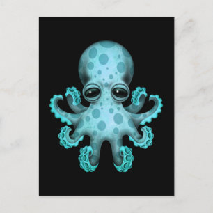 Cute Blue Baby Octopus on Black Postcard
