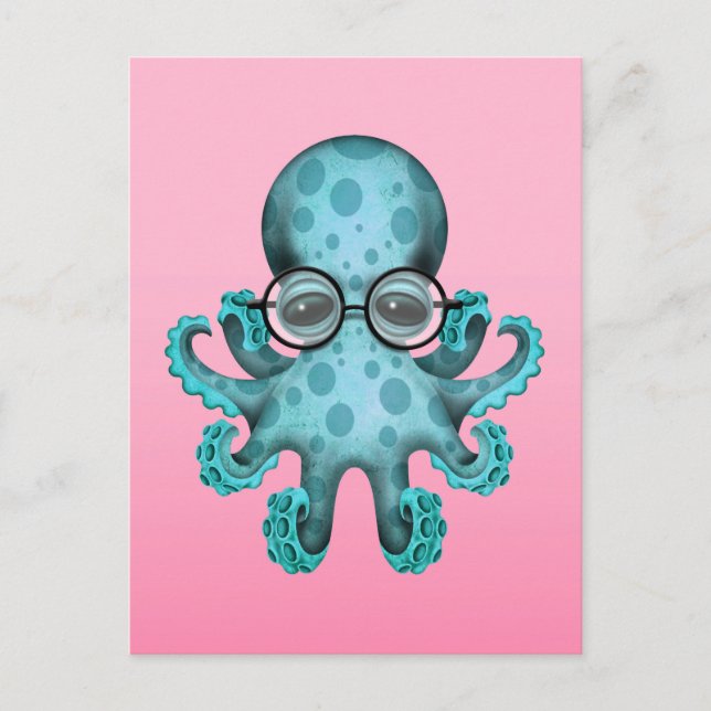 Cute Blue Baby Octopus Wearing Glasses on Pink Postcard (Front)