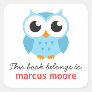 Cute blue baby owl animal cartoon bookplate book square sticker