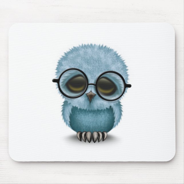 Cute Blue Baby Owl Wearing Glasses on White Mouse Mat (Front)