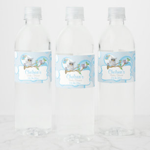 Cute Blue Baby Owls Shower Theme Water Bottle Label