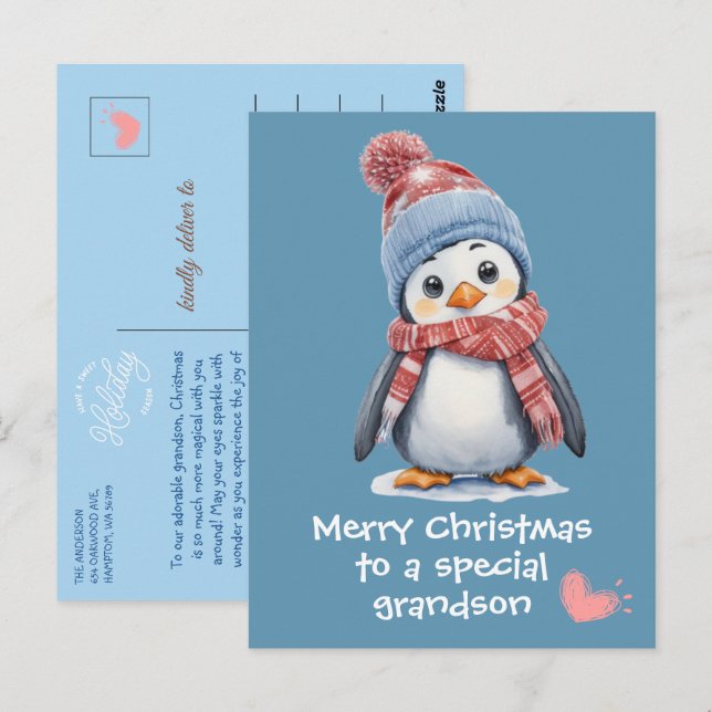 Cute Blue Baby Penguin for Kids Christmas Holiday  Postcard (Front/Back)