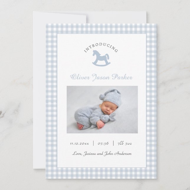 Cute Blue Baby photo Modern Birth  Announcement (Front)