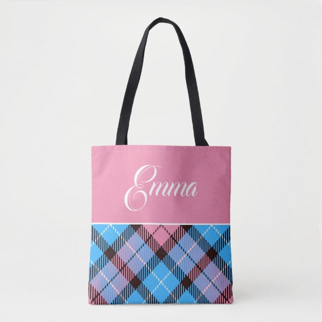 Cute Blue Baby Pink Plaid Tartan Personalised Name Tote Bag (Front)