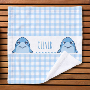 Cute Blue Baby Shark Gingham Name Wash Cloth