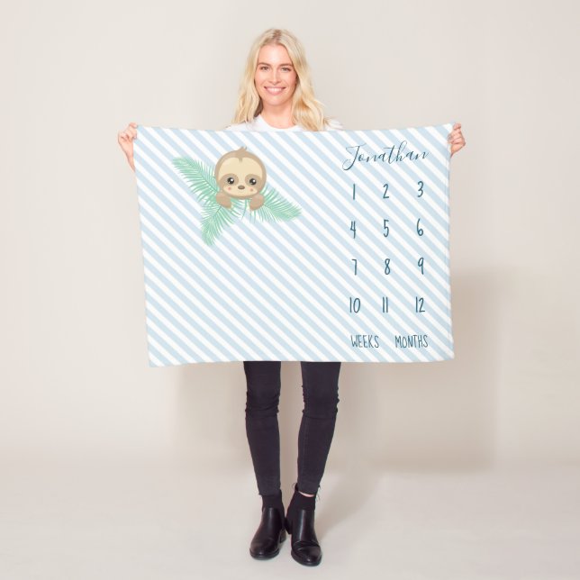 Cute Blue Baby Sloth Baby Milestone Fleece Blanket (In Situ)