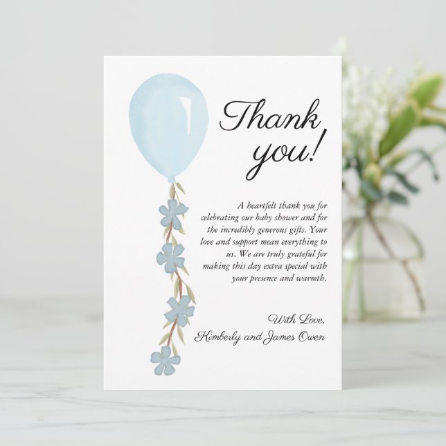 Cute Blue Balloon Baby Shower  Thank You Card (Standing Front)