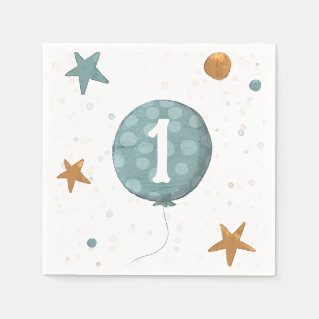 Cute Blue Balloon Boy 1st Birthday Party Napkin (Front)