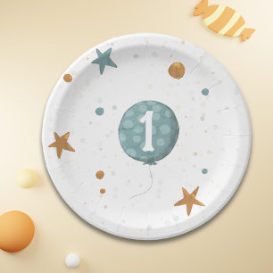 Cute Blue Balloon Boy 1st Birthday Party Paper Plate