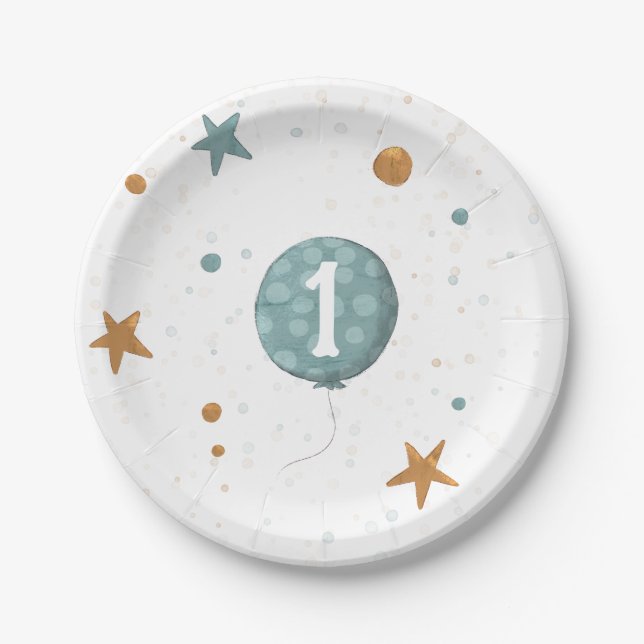 Cute Blue Balloon Boy 1st Birthday Party Paper Plate (Front)