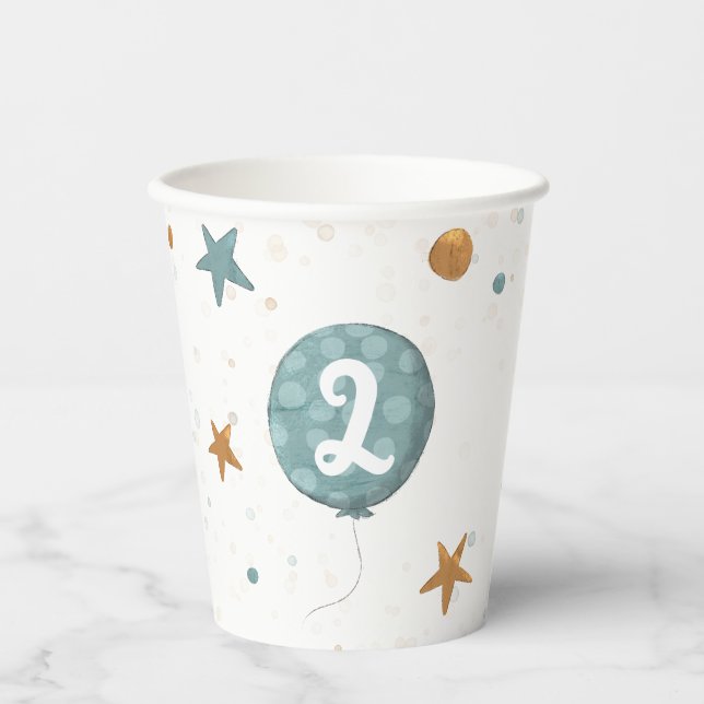 Cute Blue Balloon Boy 2nd Birthday Party Paper Cups (Front)