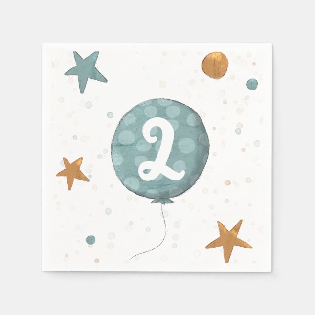 Cute Blue Balloon Boy Second Birthday Party Napkin (Front)