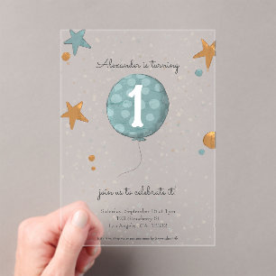 Cute Blue Balloon First Birthday  Acrylic Invitations