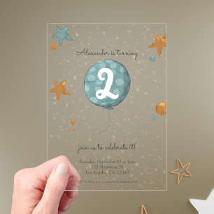 Cute Blue Balloon Second Birthday Acrylic Invitations