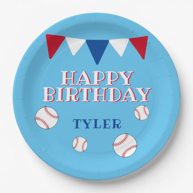 Cute Blue Baseball Ball Flag Kids Birthday Party Paper Plate (Front)