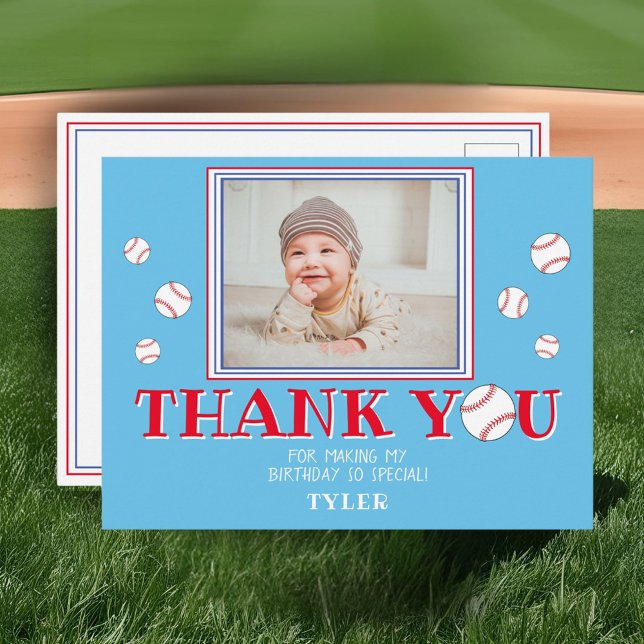 Cute Blue Baseball Birthday Thank you Photo Card (Creator Uploaded)