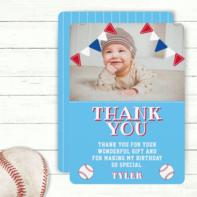 Cute Blue Baseball Kids Photo Birthday Thank You Card (Creator Uploaded)