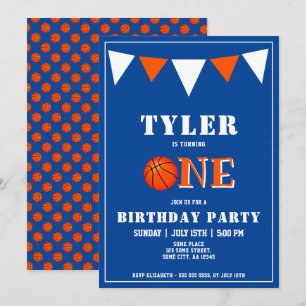 Cute Blue Basketball 1st Birthday Invitation