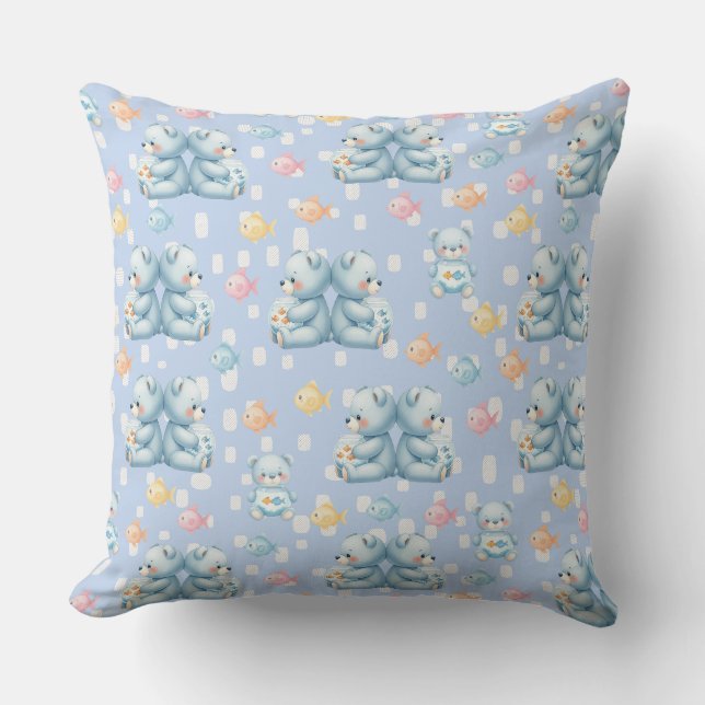 Cute Blue Bear and Fish Seamless Pattern Cushion (Front)