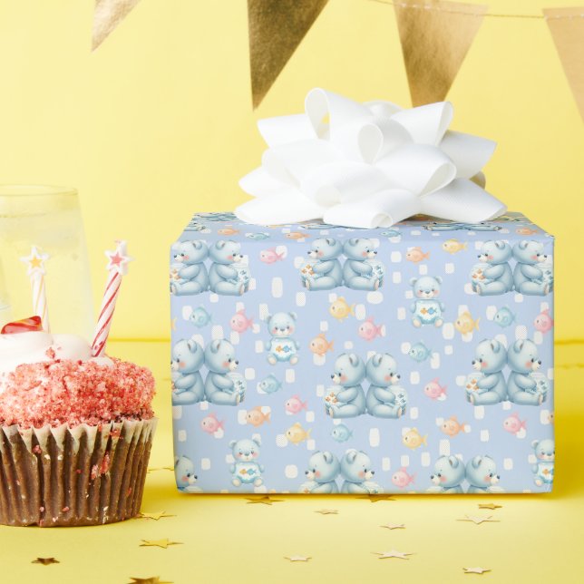 Cute Blue Bear and Fish Seamless Pattern Wrapping Paper (Birthday Party)